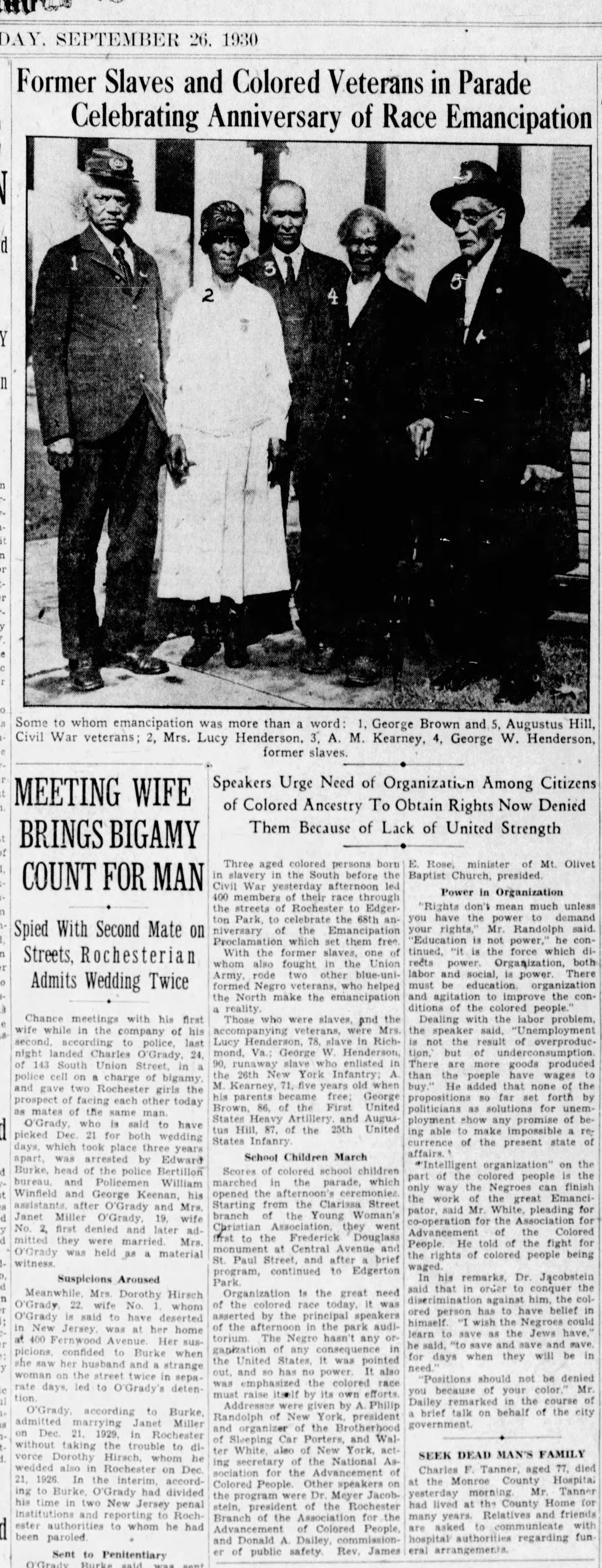 1930-9-26 Former slaves Georgia Brown Augustis Hil Lucy Henderson A M Kearney George Henderson Democrat_and_Chronicle_Fri__Sep_26__1930_