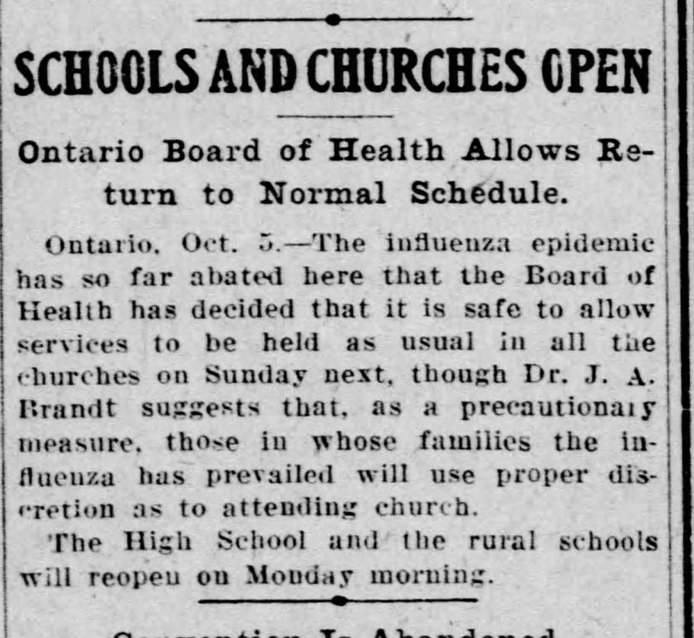 1918-10-26 Ontario reopens Democrat_and_Chronicle_Sat__Oct_26__1918_